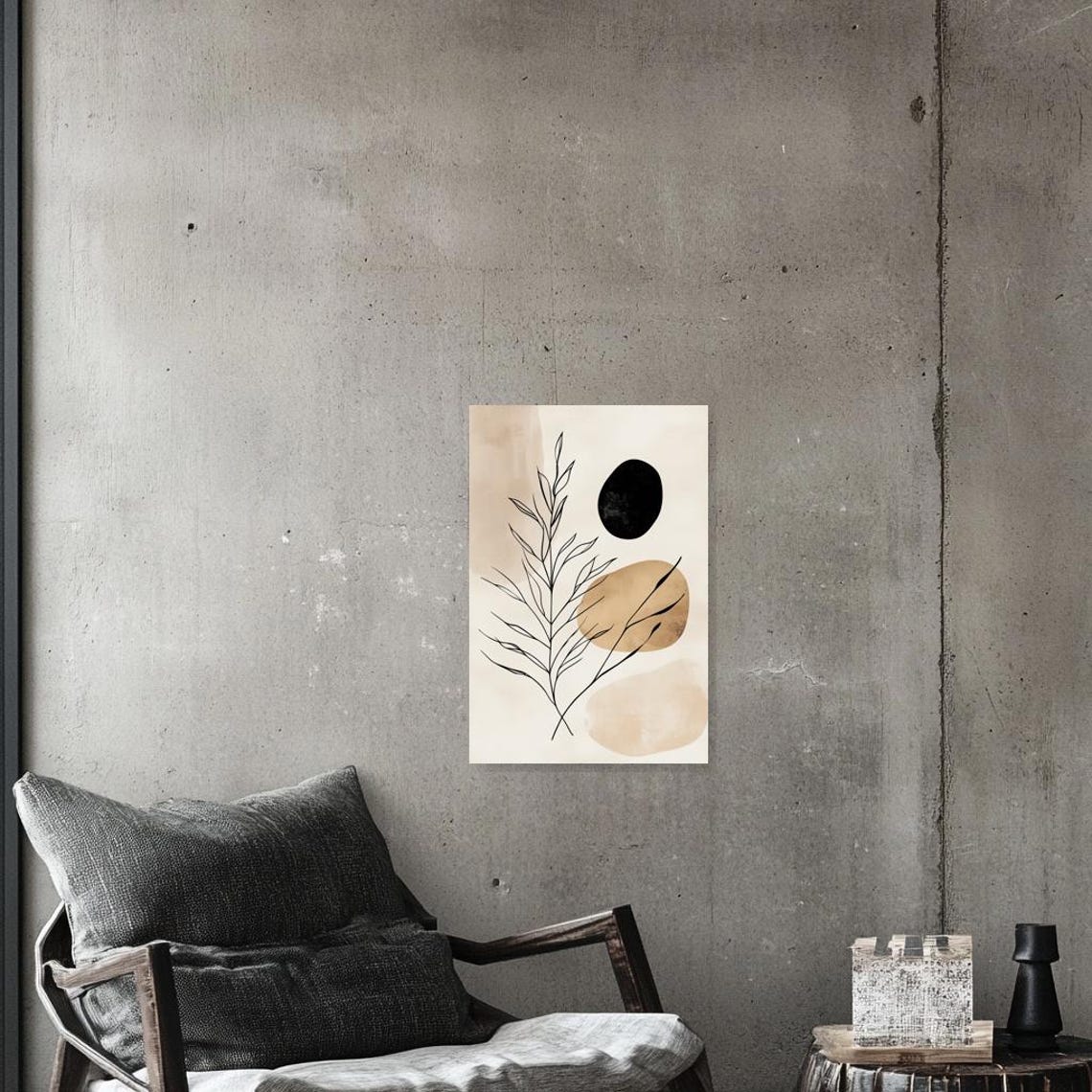 Minimalist Line Art Leafy Branch with Beige Organic Shapes Poster - Image 2