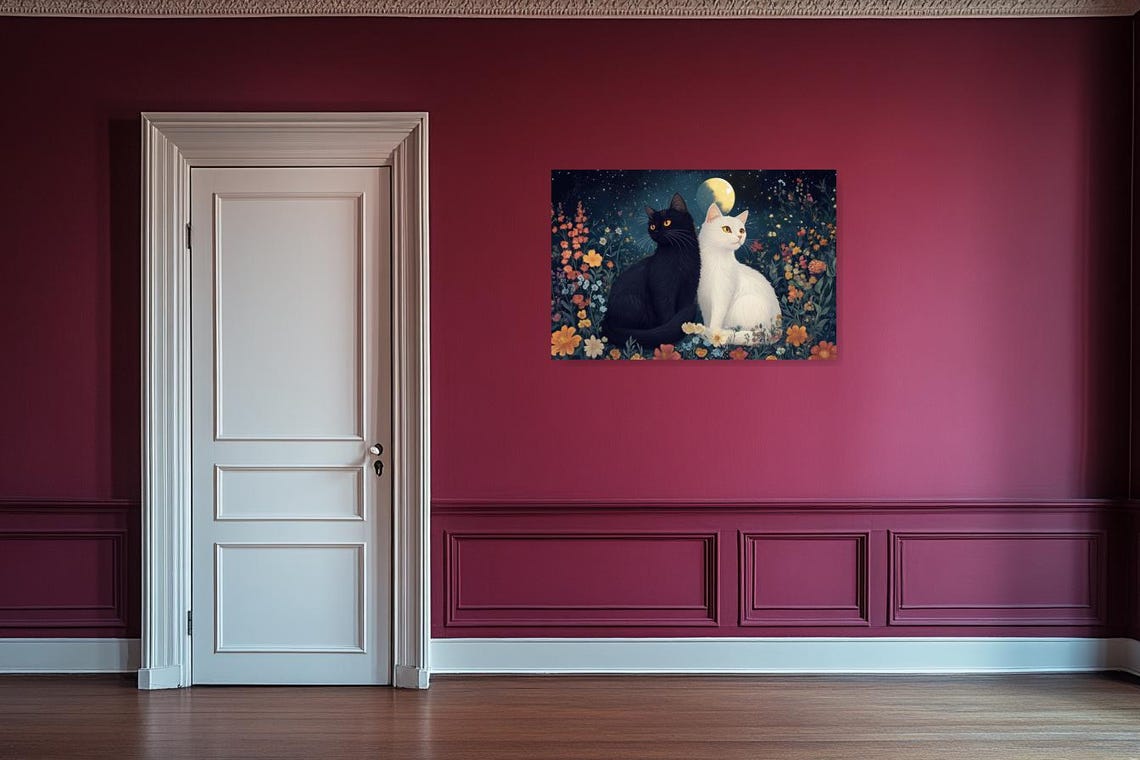 Dreamy Black and White Cats Moonlit Flower Garden Art Poster - Image 3
