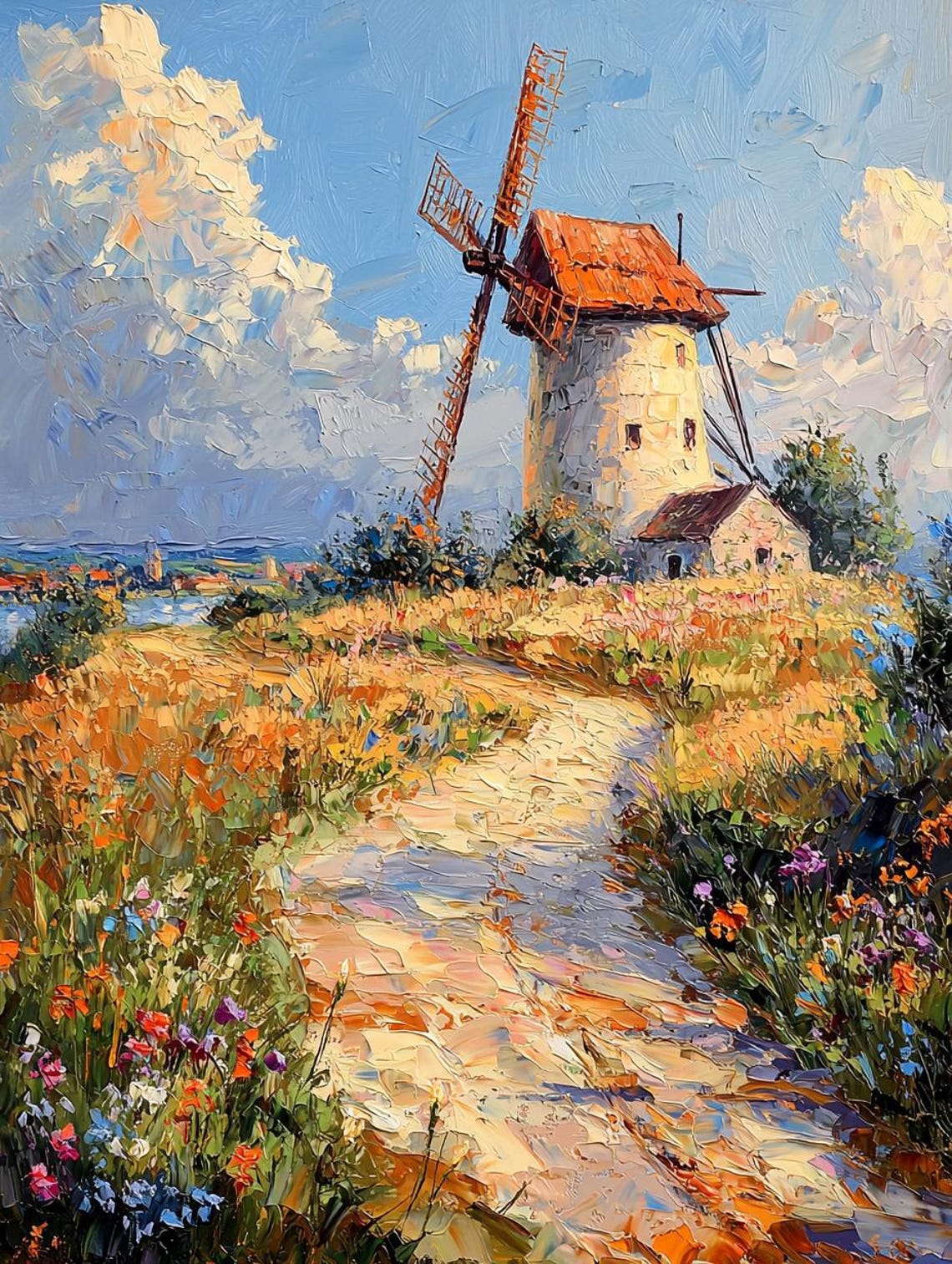 Impressionist Dutch Windmill Wildflower Path Blue Sky Painting Poster