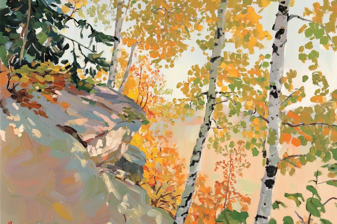 Golden Autumn Birch Trees Rising on a Sunlit Hillside Poster