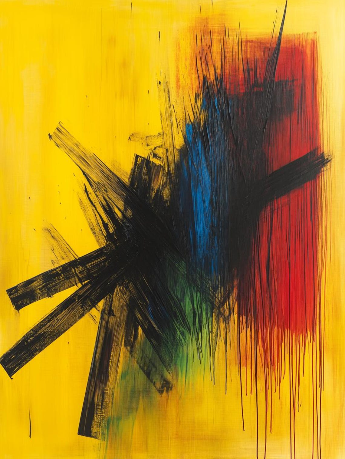 Bold Abstract Expressionist Brushstroke Painting on Yellow Poster