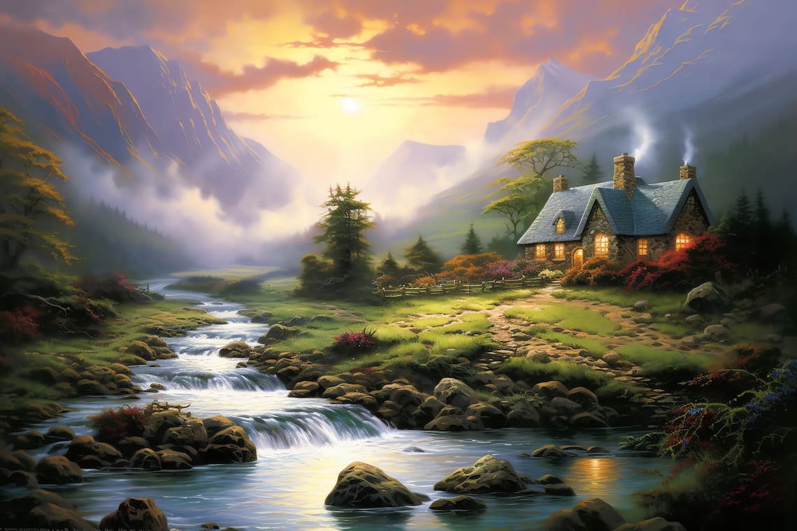 Custom Cottage Scene, Thomas Kinkade-Inspired Art Print