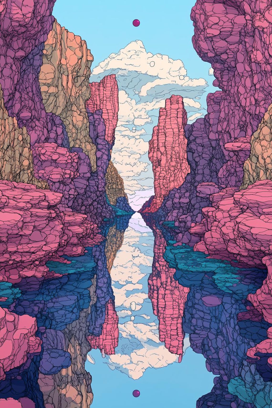 Surreal Mirrored Pink Canyon Reflection Over Teal Water Poster