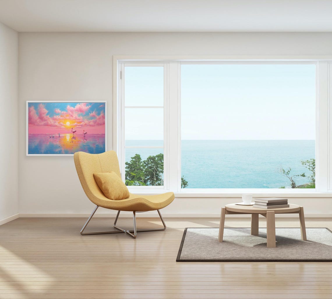 Pink Ocean Sunset Flamingos Shoreline Dreamy Seascape Poster - Image 2