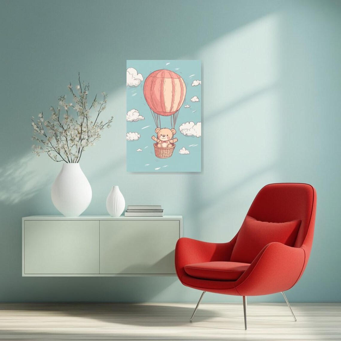 Cute Teddy Bear in a Pink Hot Air Balloon Nursery for Kids Room Decor Poster - Image 3