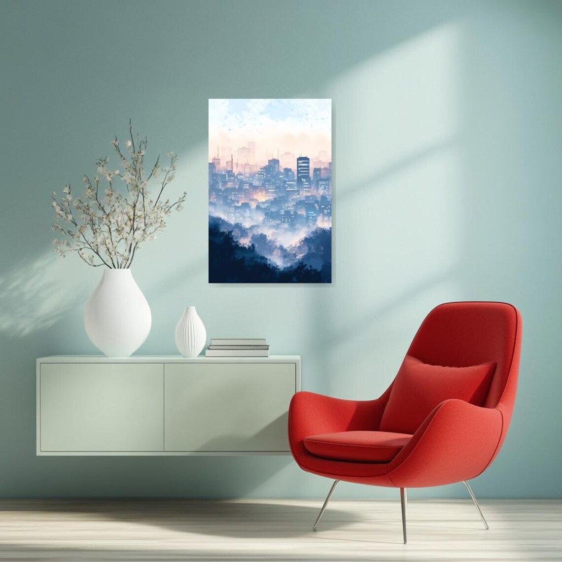 Soft Blue Foggy City Skyline Dawn Urban Hopper Style Art Poster - Image 2