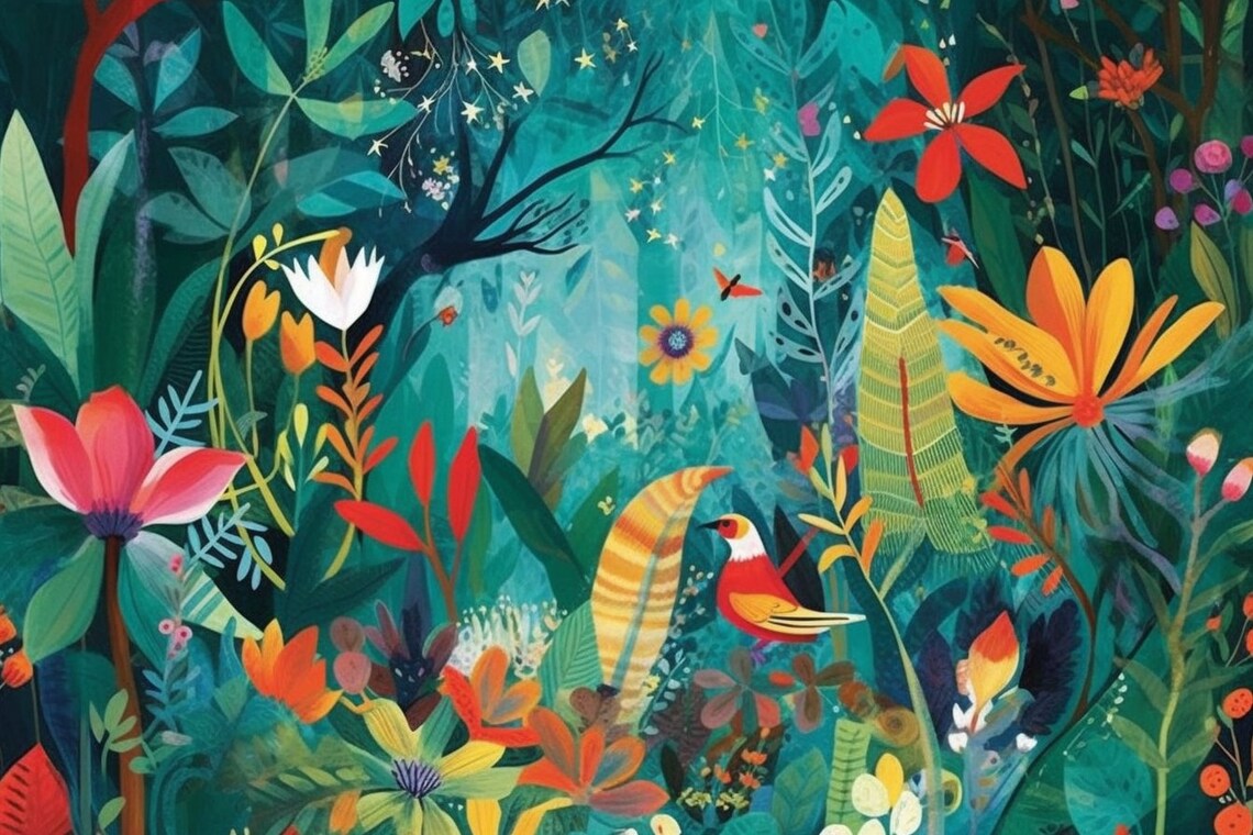 Colorful Jungle Flowers and Bird Playful Nursery Illustration Poster
