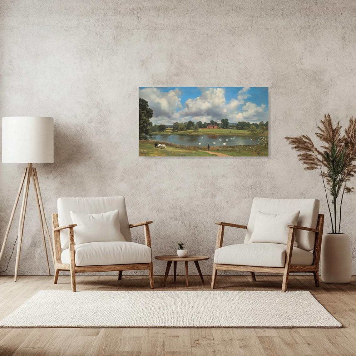English Countryside Lake with Swans Cows and Manor House Poster - Image 3