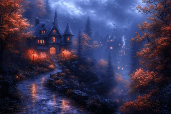 Eerie Vintage Castle Print In Twilight Blues And Fiery Oranges Art Inspired By Victorian Architecture