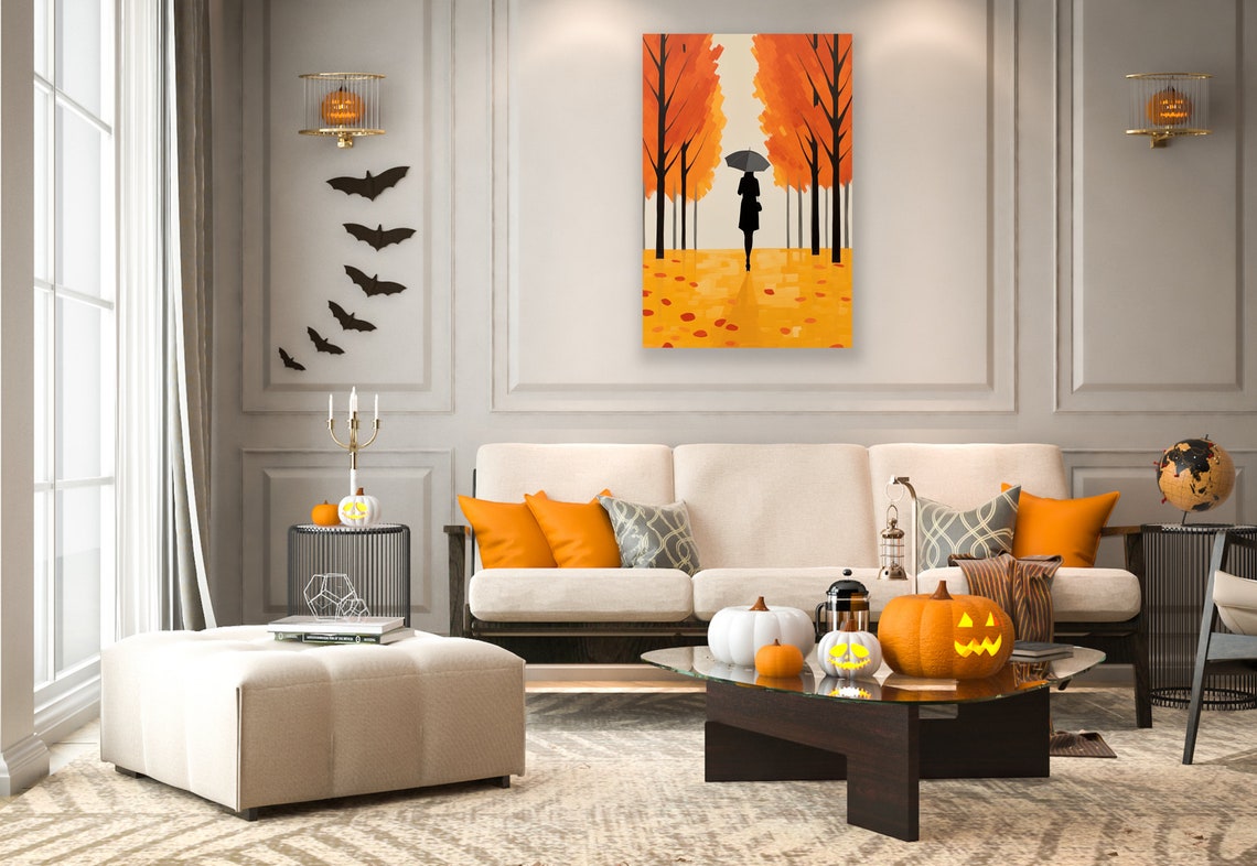 Woman With Umbrella Orange Autumn Trees Minimalist Art Poster - Image 2