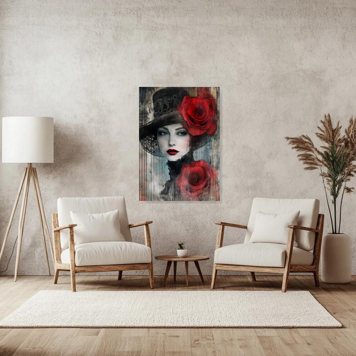 Woman in a Wide Black Hat with Bold Red Roses Art Nouveau Poster - Image 2