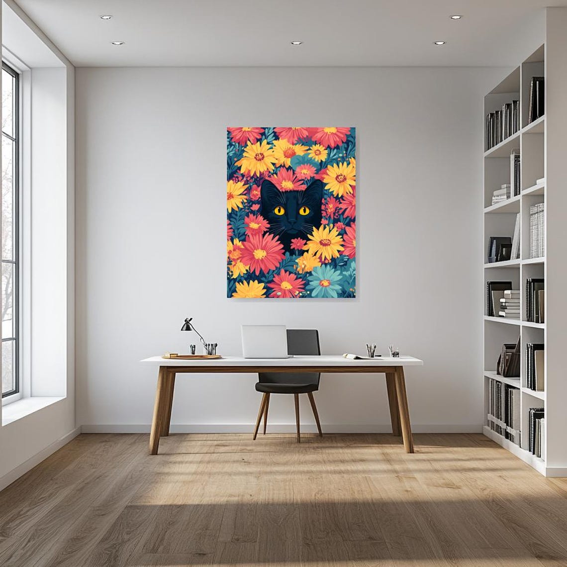 Cute Black Cat Peeking Through Colorful Flower Garden Poster - Image 2