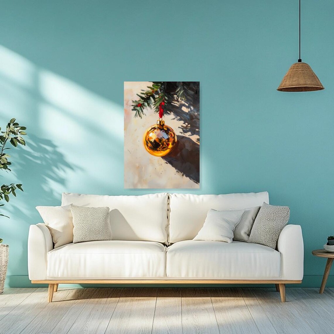 Golden Christmas Ornament Still Life with Pine Branch Painting Poster - Image 3