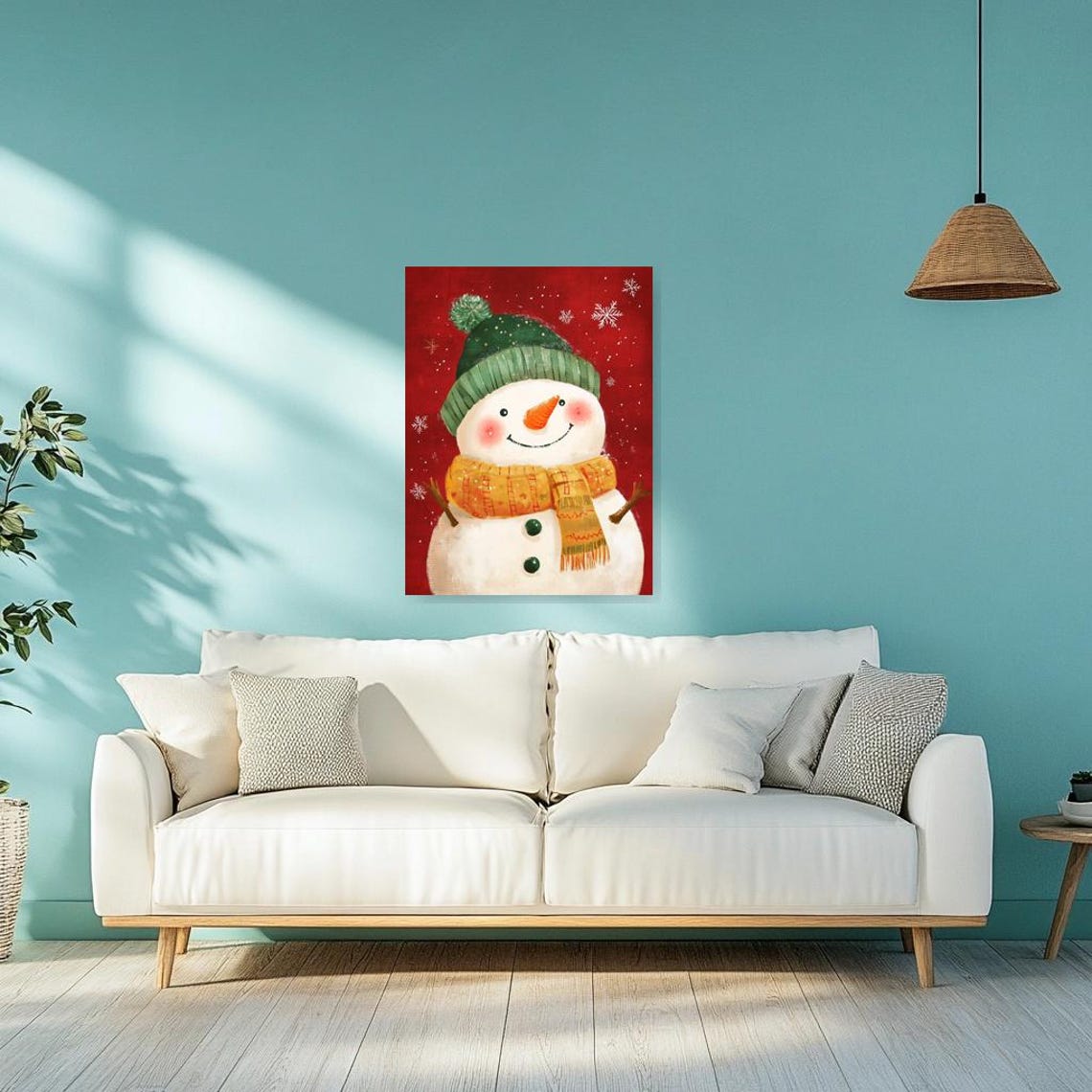 Cheerful Snowman Green Hat Gold Scarf Red Christmas Holiday Poster - Image 3