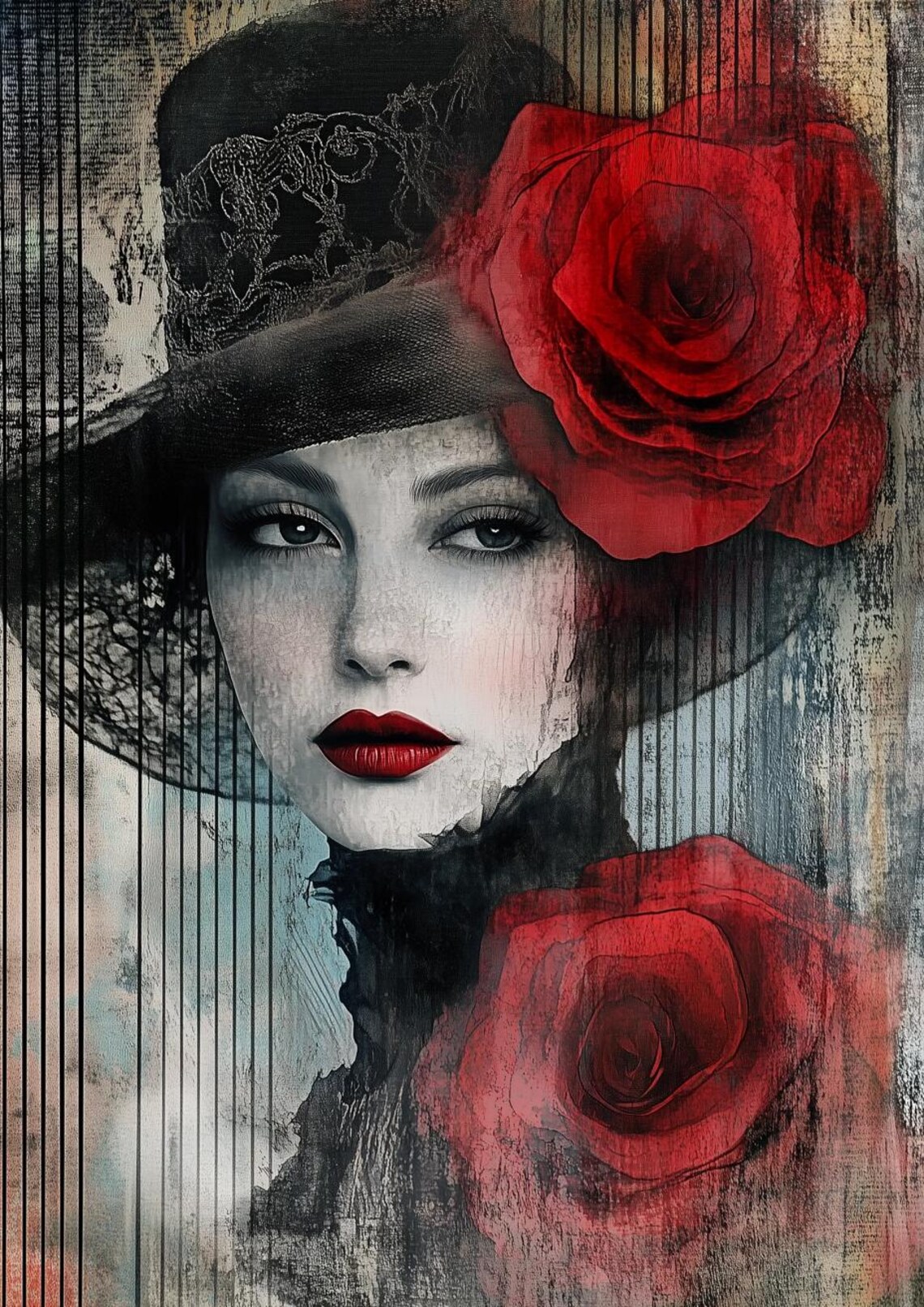 Woman in a Wide Black Hat with Bold Red Roses Art Nouveau Poster