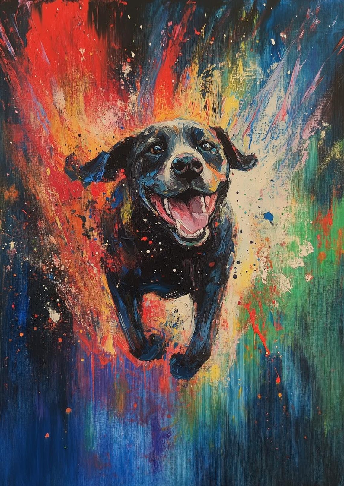 Joyful Black Labrador Running Through A Burst Of Colorful Paint Poster