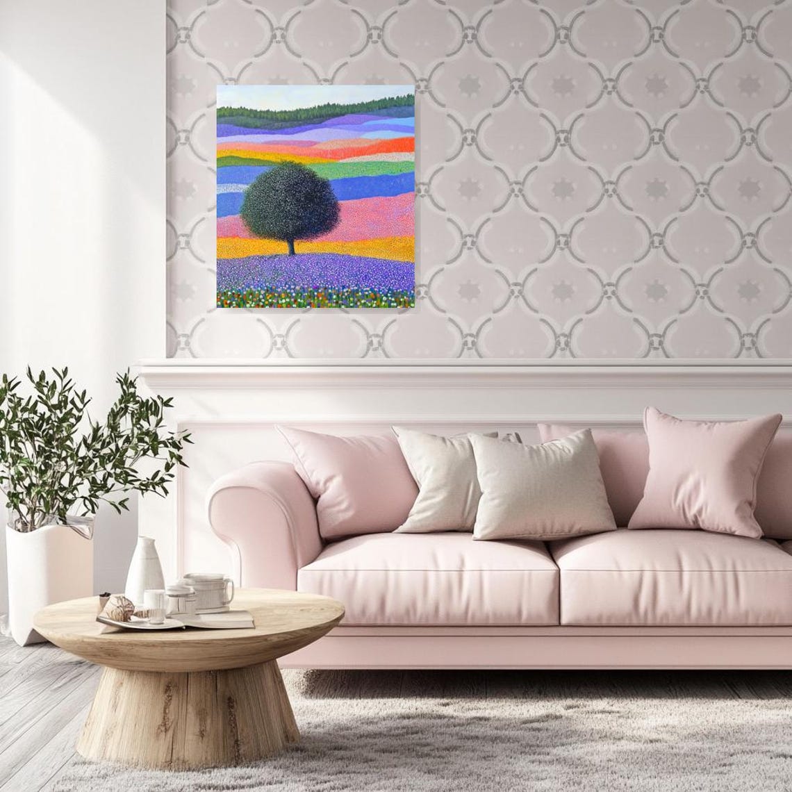 Pointillist Rainbow Flower Fields with a Single Lone Tree Poster - Image 3
