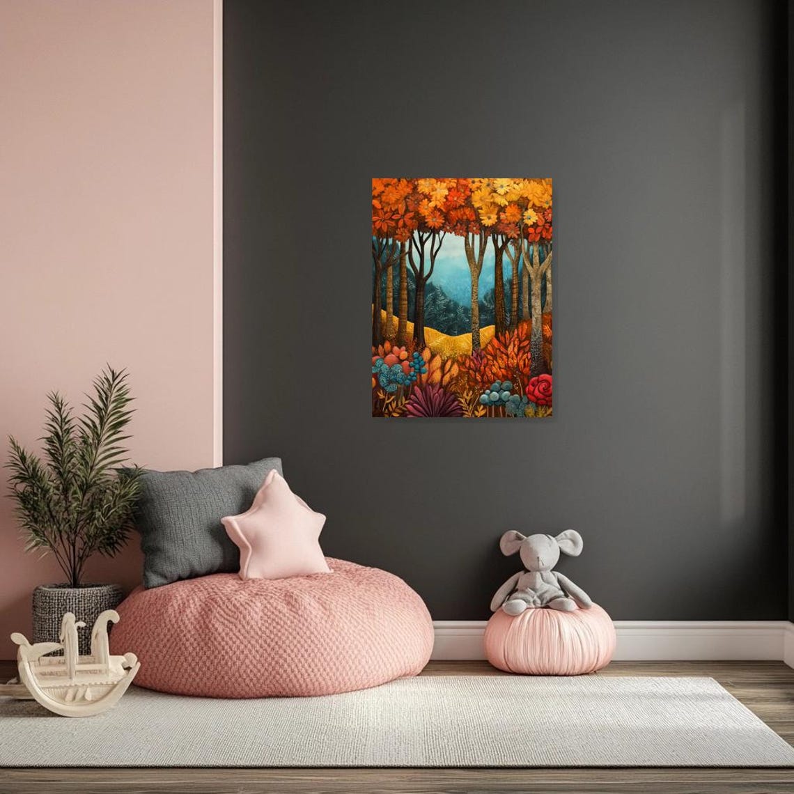 Autumn Forest Golden Flower Canopy Folk Art Landscape Poster - Image 3