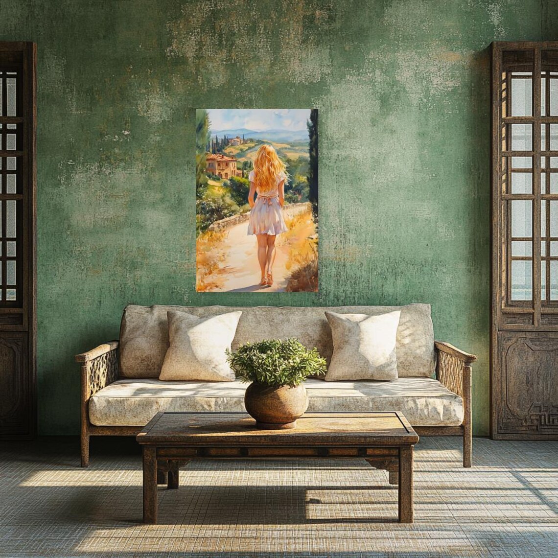 Woman Walking Toward a Tuscan Hill Town Watercolor Scene Poster - Image 3