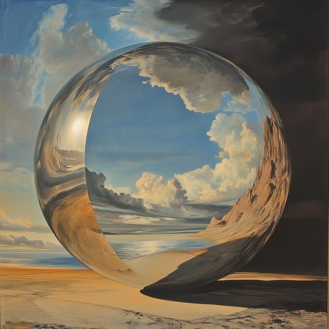 Surreal Giant Sphere Reflecting the Sky over Desert Beach Poster
