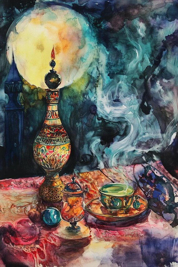 Moonlit Still Life with an Ornate Patterned Bottle and Tea Cup Poster