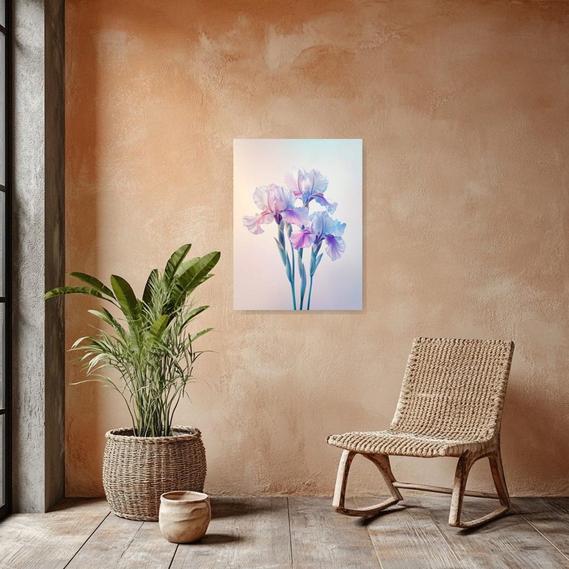 Pastel Blue and Pink Iris Blooms in Soft Morning Light Poster - Image 3