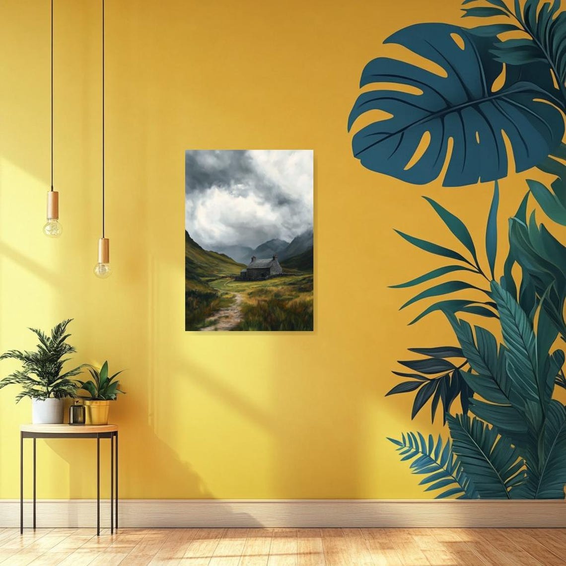 Rustic Stone Cottage Misty Mountain Valley Stormy Sky Landscape Poster - Image 3
