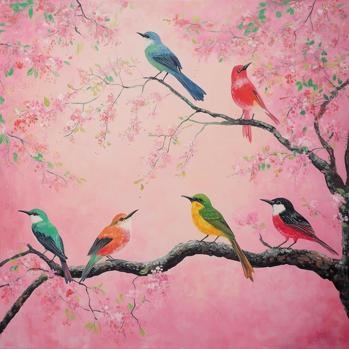 Six Colorful Songbirds Perched on Pink Cherry Blossom Branches Poster