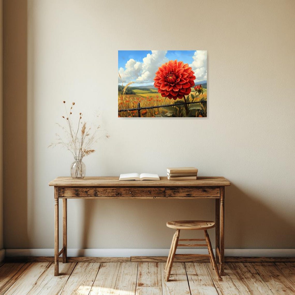 Giant Red Dahlia Bloom Towering Above a Golden Meadow Poster - Image 3