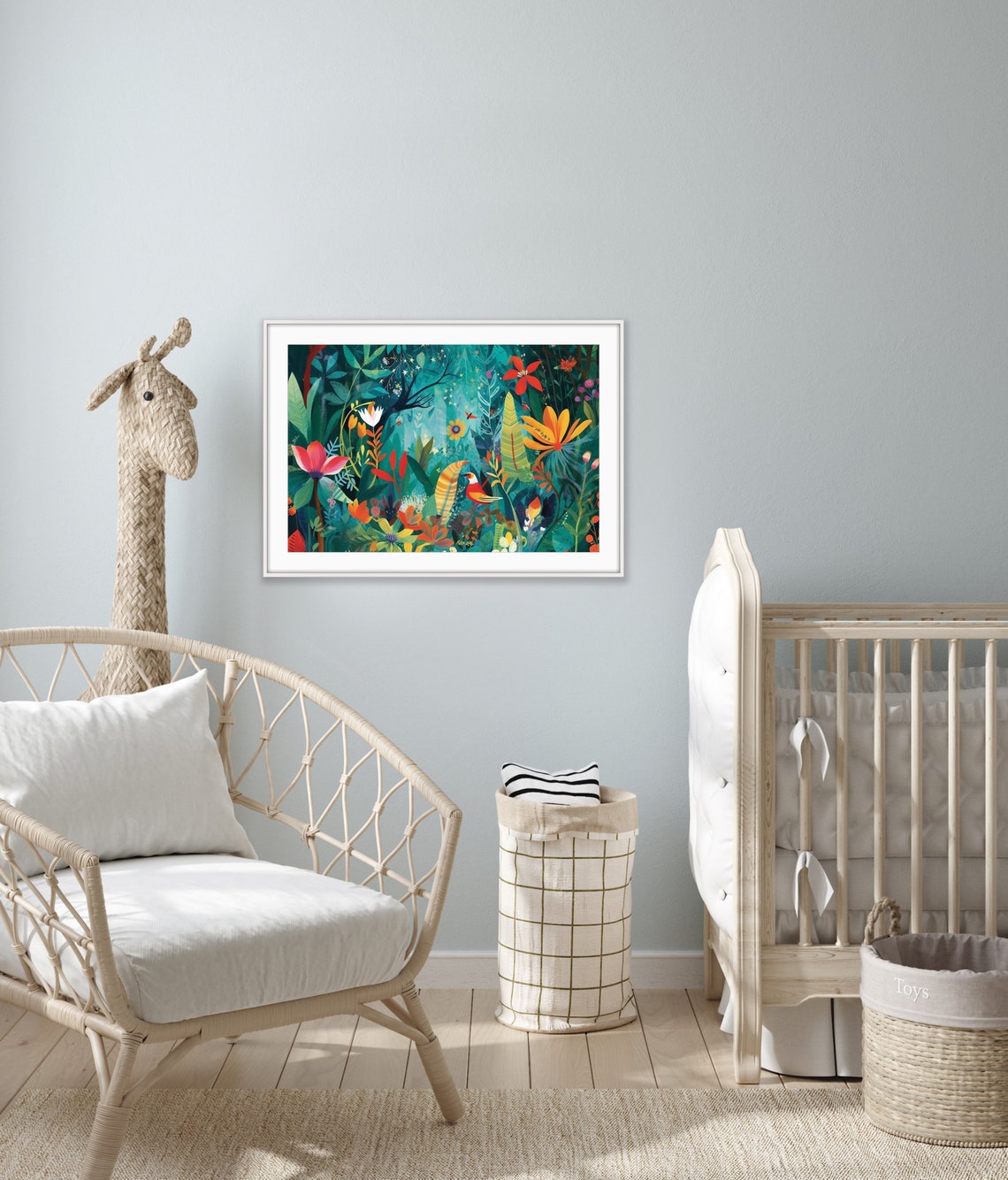 Colorful Jungle Flowers and Bird Playful Nursery Illustration Poster - Image 2