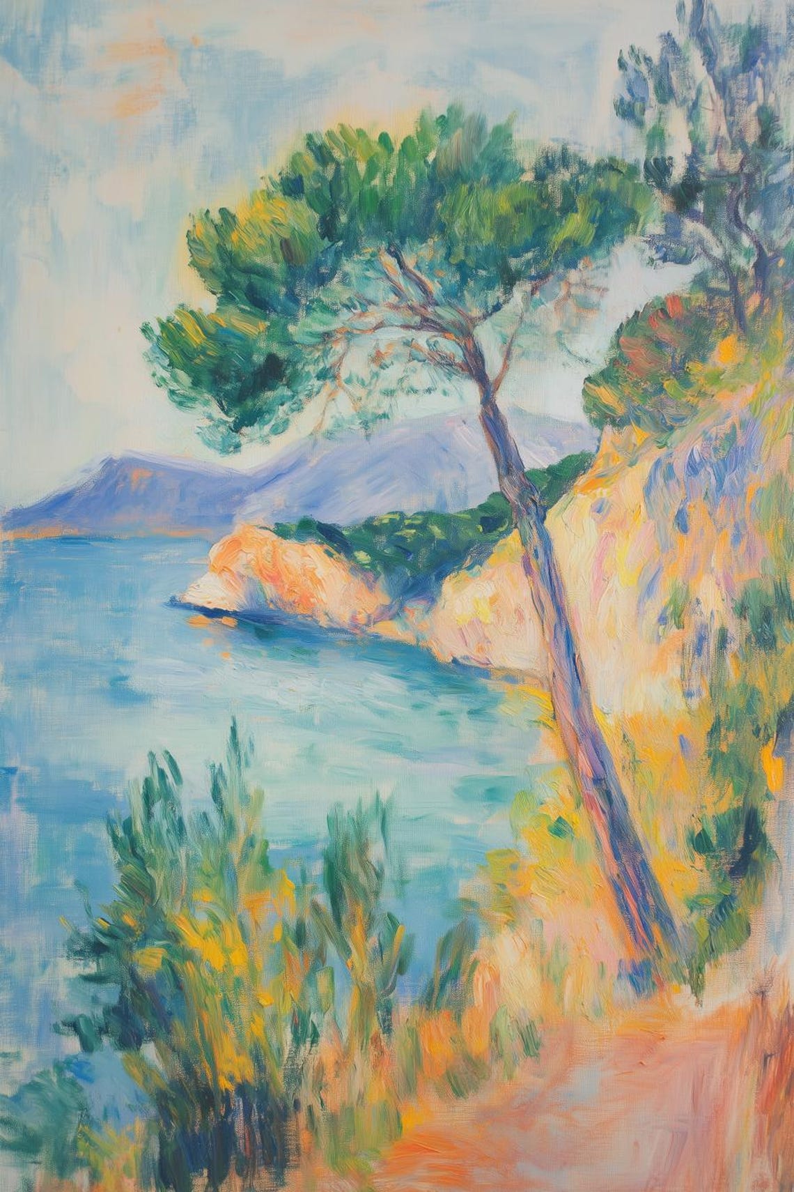 Mediterranean Coastline with Pine Tree on Rocky Cliff Poster