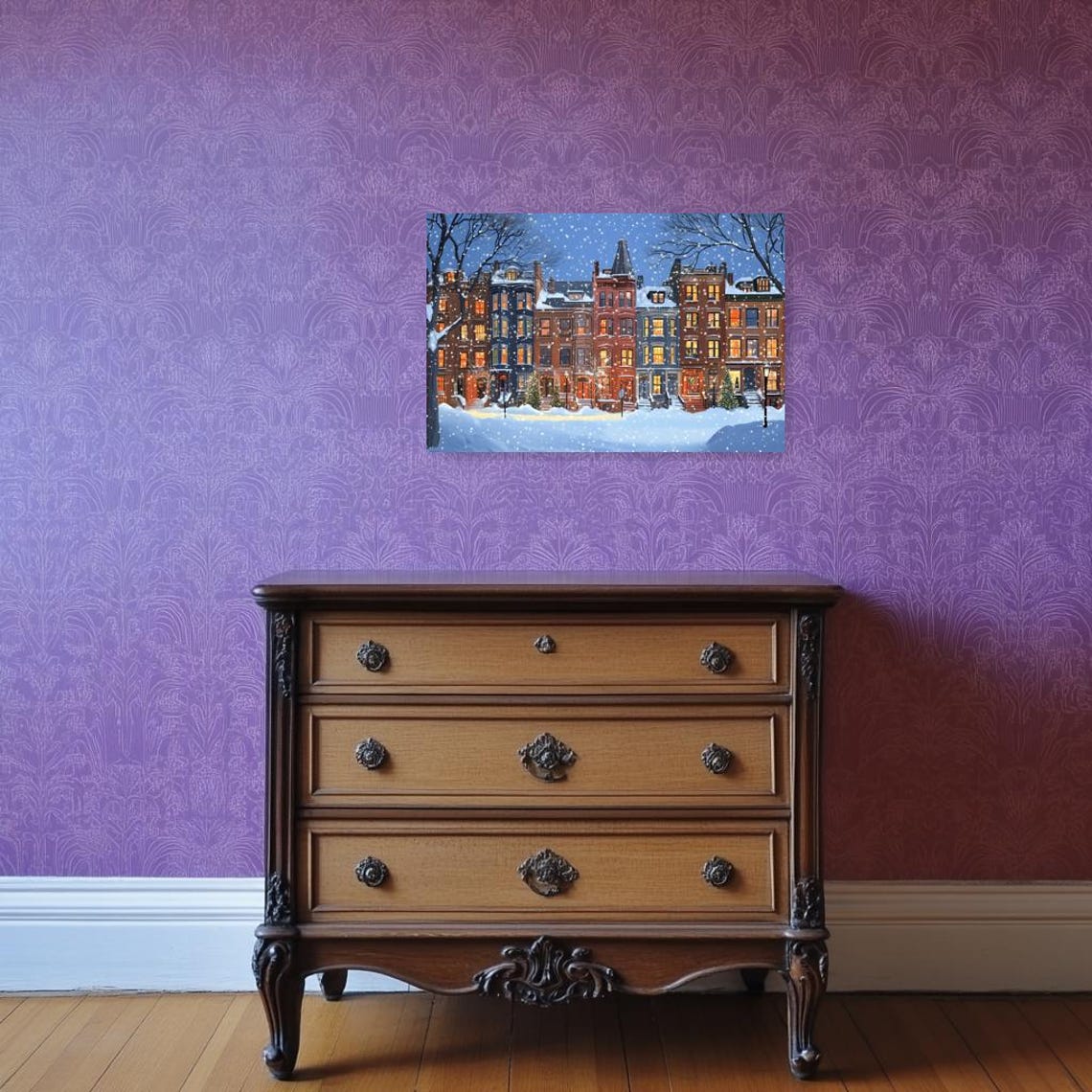 Snowy Victorian Street at Night with Glowing Amber Windows Poster - Image 2