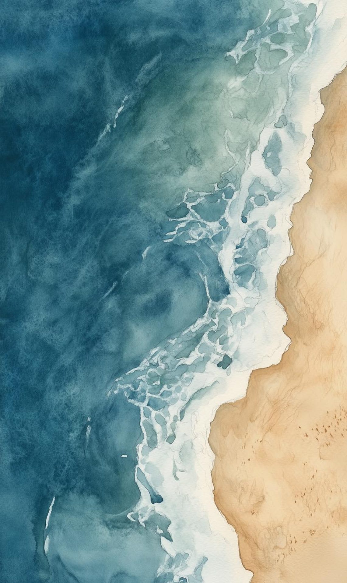 Serene Aerial Ocean Waves Meeting Sand Watercolor Coast Poster