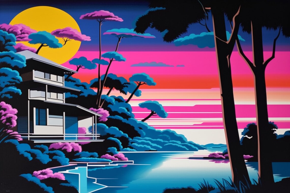 Hiroshi Nagai Style Lakefront Sunset Art Print