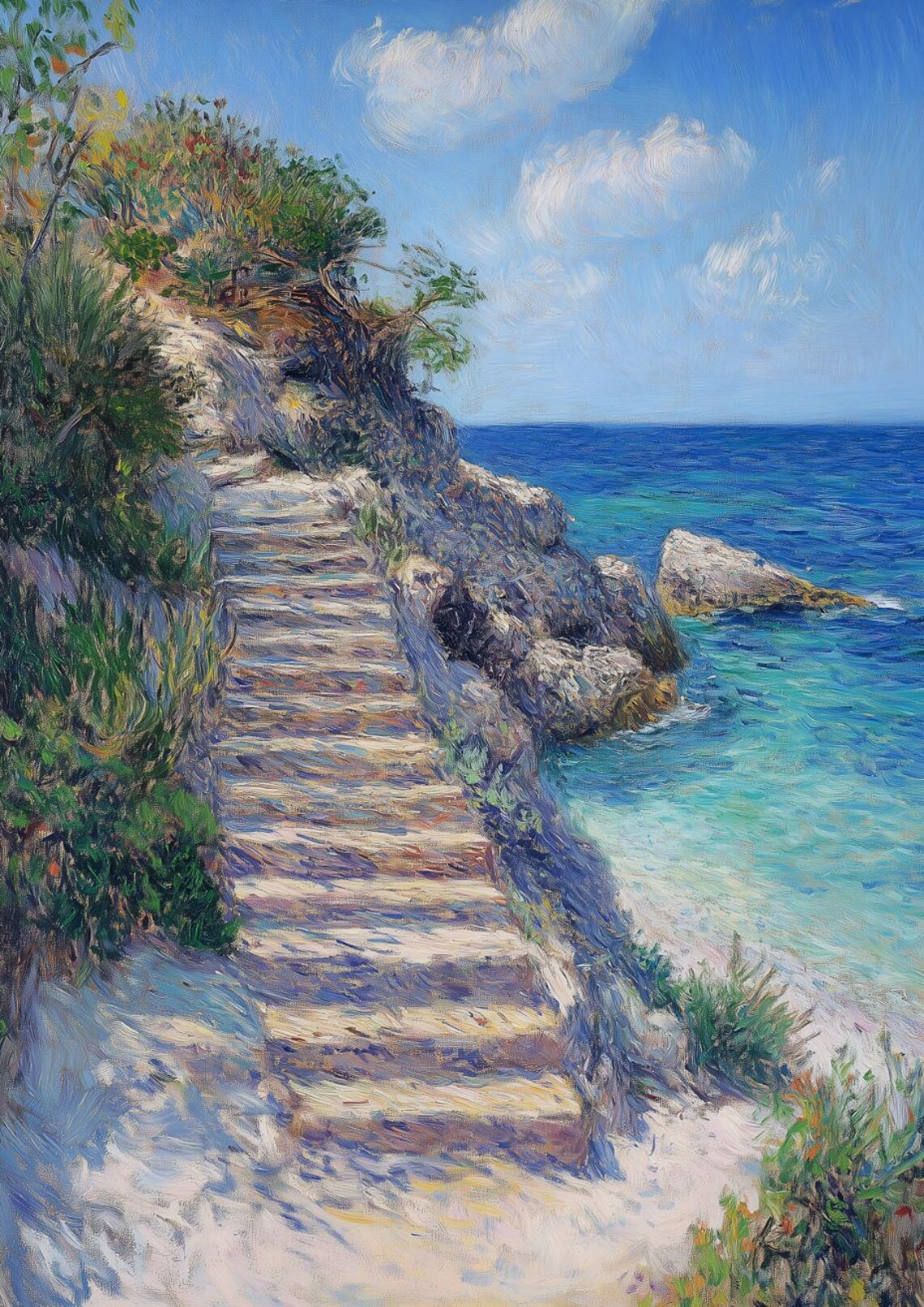 Serene Coastal Steps - Impressionist Style Poster