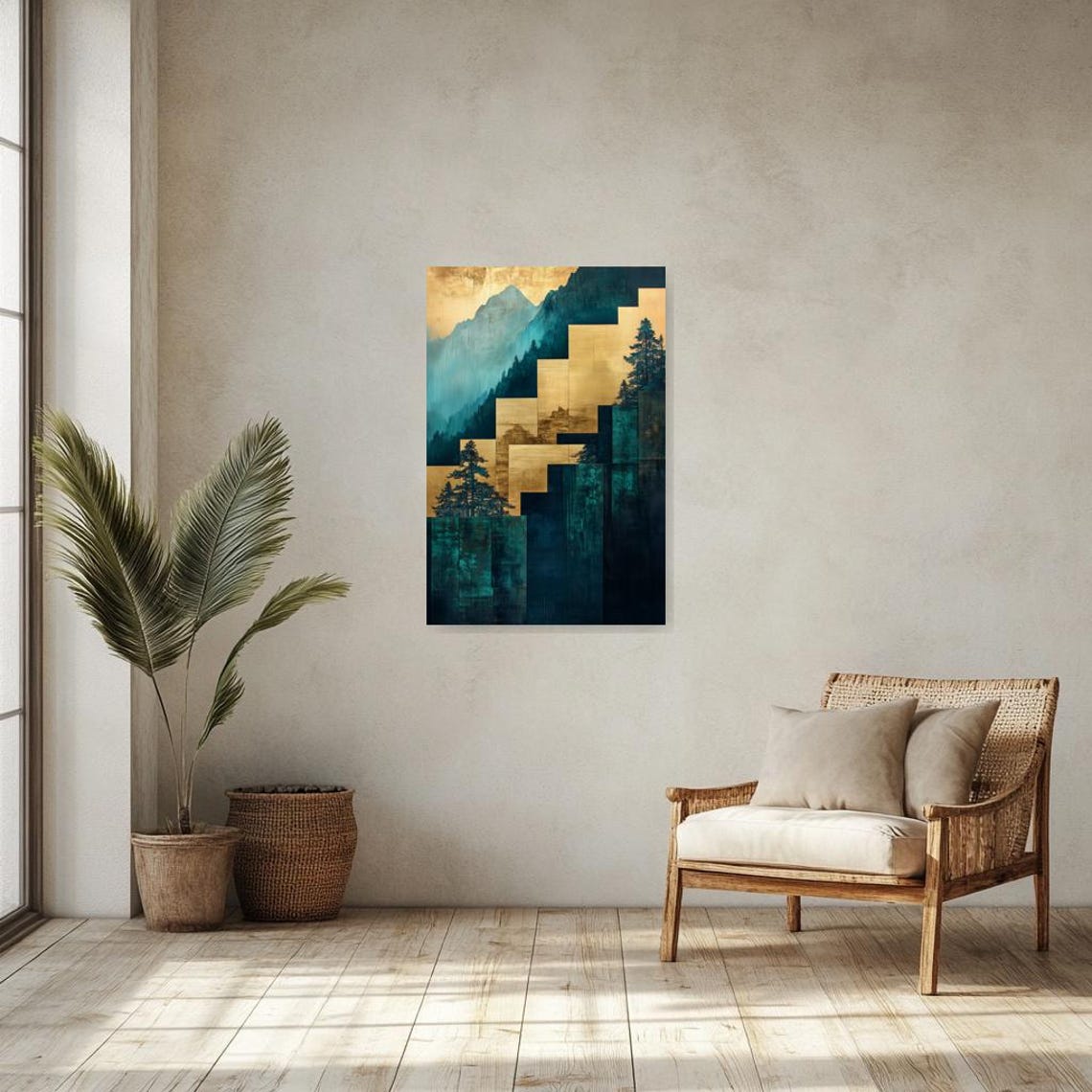 Golden Gold-Leaf Mountains Teal Forest East Asian Art Poster - Image 2