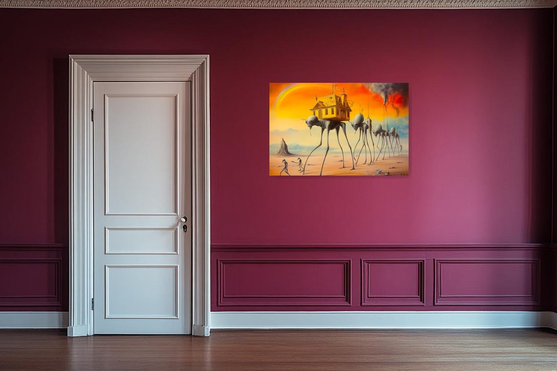 Surreal Stilt Creatures Carrying a Golden House at Sunset Poster - Image 2