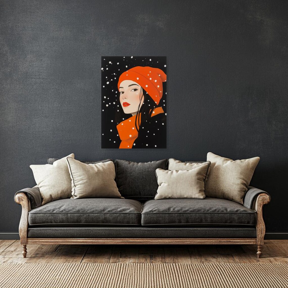 Stylish Woman in an Orange Beanie and Scarf in the Snow Poster - Image 2