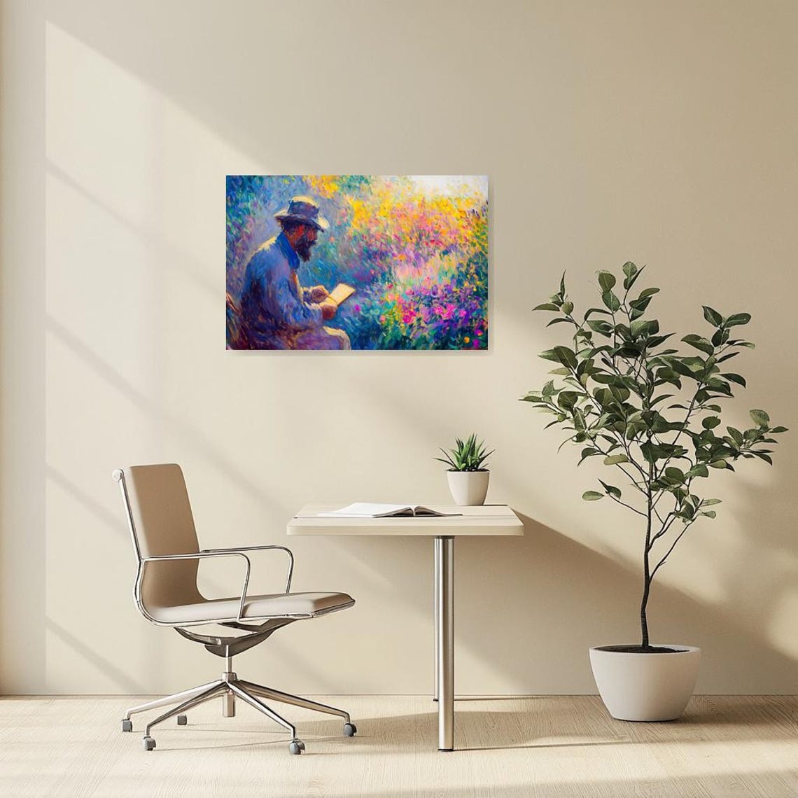 Impressionist Bearded Man Reading Amid Flower Garden Book Art Poster - Image 3