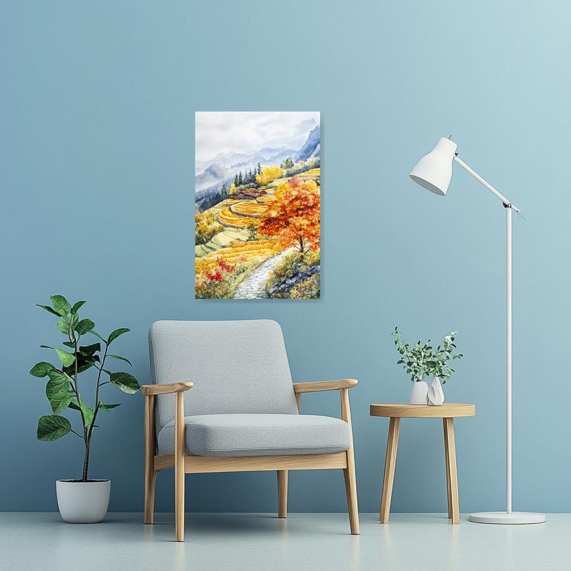 Rustic Golden Autumn Terraced Hills Village Watercolor Poster - Image 3