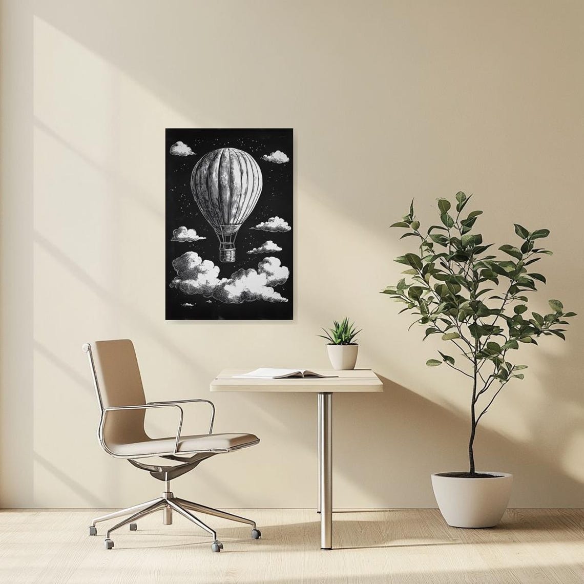 Vintage Hot Air Balloon Night Sky Engraving Cloud Art Poster - Image 2