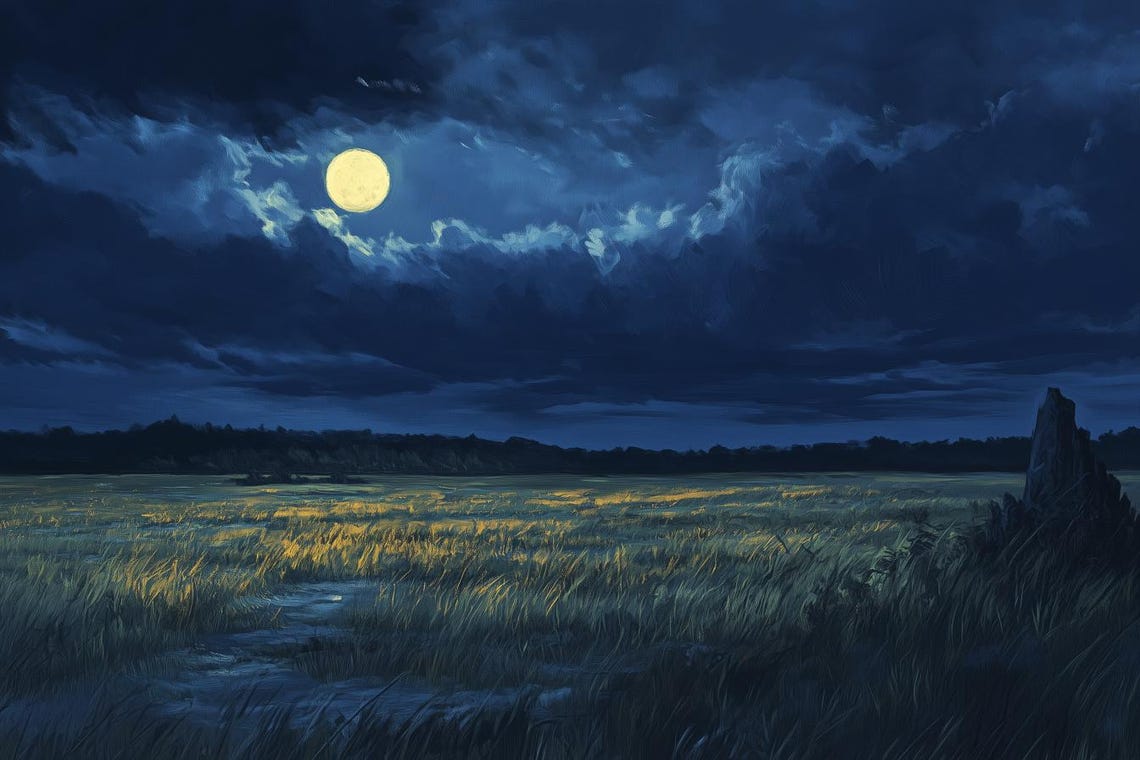 Windswept Golden Grass Field Glowing Under the Full Moonlight Poster