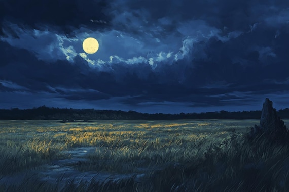 Windswept Golden Grass Field Glowing Under the Full Moonlight Poster