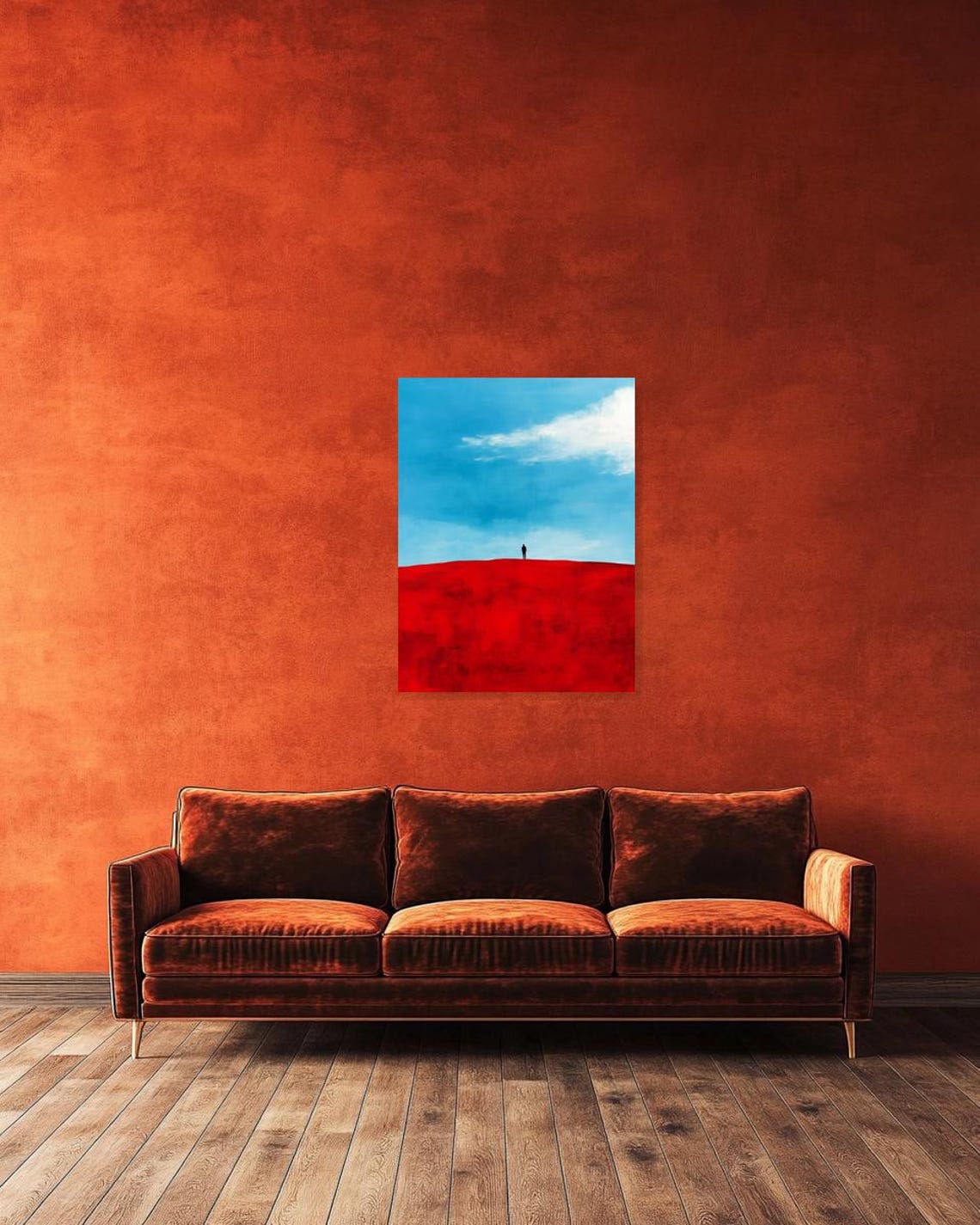 Lone Figure on Bold Red Landscape Under Blue Sky Minimalist Poster - Image 2
