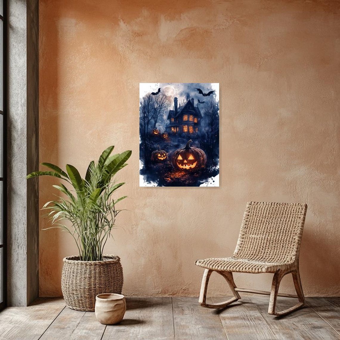 Spooky Halloween Haunted House With Glowing Pumpkins Night Poster - Image 2
