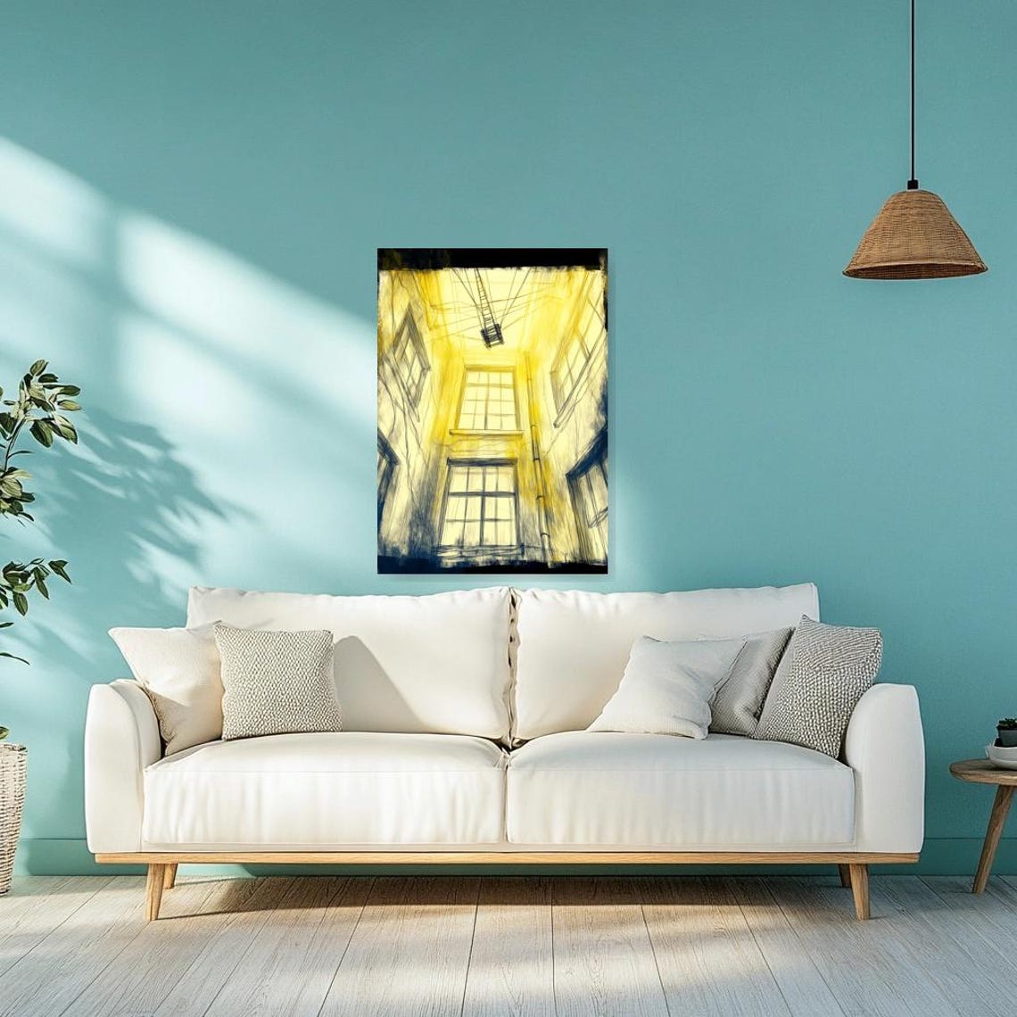 Sunlit Yellow Stairwell Sketch With a Dangling Ladder Poster - Image 3