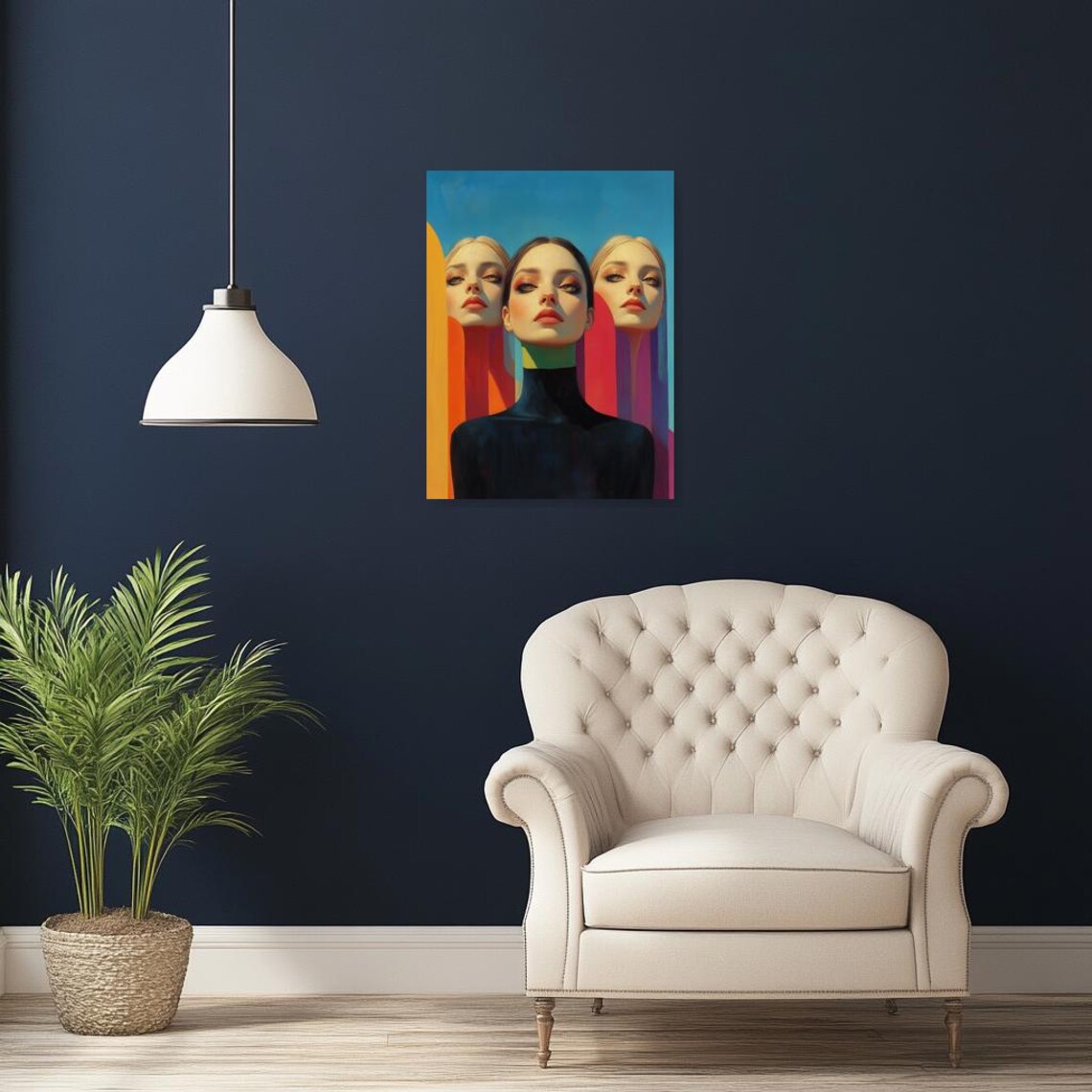 Bold Art Deco Style Triple Portrait Women Vivid Color Art Poster - Image 3