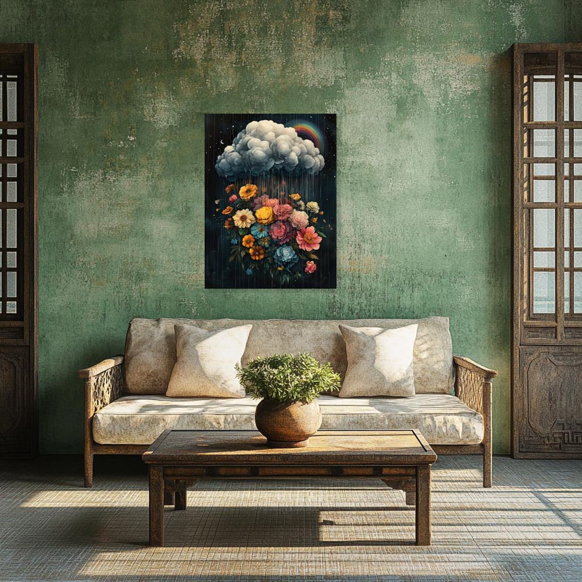 Floral Storm Cloud Night Sky Rainbow Bloom Dreamy Art Poster - Image 2