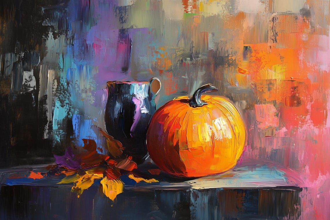 Vibrant Pumpkin Still Life With Pitcher Impasto Fall Art Poster