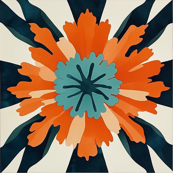 Custom Floral Wall Art In The Style Of Georgia Okeeffe With Bold Orange And Teal Colors Home Decor